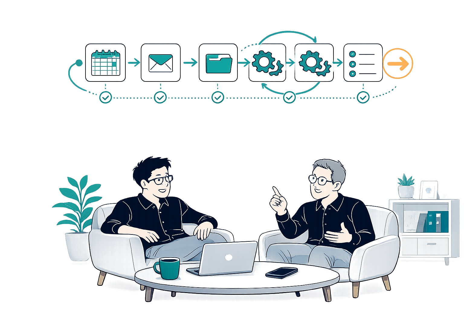 A relaxed conversation beneath a connected workflow of calendar, email, files and checklists